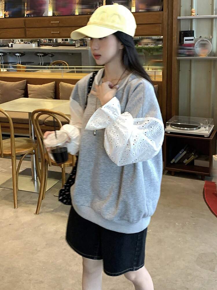 Women's Casual Lace Patchwork Thermal Lined Crew Neck Long Sleeve Sweatshirt