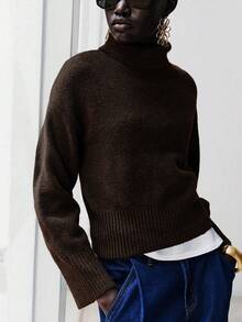 Lumivelle Áo len cổ lọ trơn màu thường ngày dành cho nữ, Thu/Đông - Cà phê nâu - Xem 6