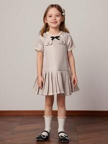 PrepCrw Young Girl's Bowknot Decor Short Puff Sleeve Dress, College Style For Spring And Summer - Multicolor - View 5