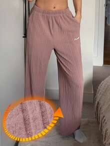 DAZY Women's Letter Embroidered Fleece Knit Pajama Bottoms, Autumn/Winter - Dusty Pink - View 1