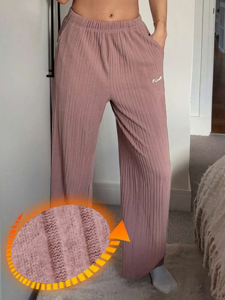 Women's Letter Embroidered Fleece Knit Pajama Bottoms, Autumn/Winter