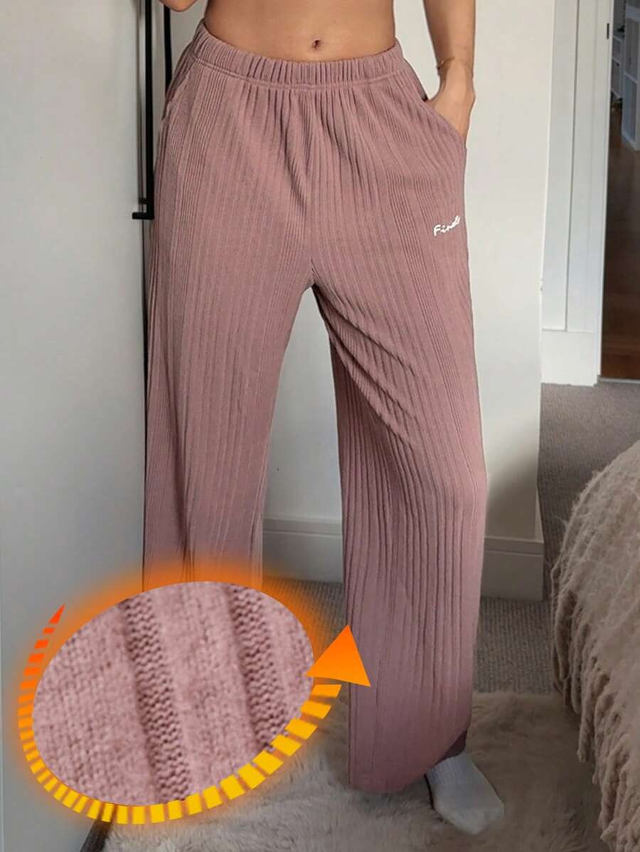 DAZY Women's Letter Embroidered Fleece Knit Pajama Bottoms, Autumn/Winter - Dusty Pink - View 1