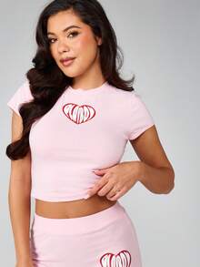 Missguided x Playboy 印花爱心图案睡衣套装，露脐上衣搭配同款慢跑裤，家居服两件套，舒适睡衣套装 - 粉色 - 查看 3