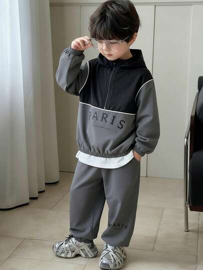 SHEIN Little Byeori Young Boy Letter Print Contrast Color Zipper Hoodie And Pants Casual Suit