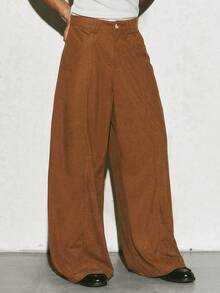 PAVTROS Manfinity Streetrush Men's Street-Style Popular INS Matching.Men's Streetwear,Men's Solid Color Pocket Wide Leg Loose Casual Pants,Baggy,Corduroy,Brown Clothing,Street Style, Boyfriend Gift Brown Pants Men Wide Leg Pants Brown Baggy Pants Brown Wide Leg Pants Loose Pants
