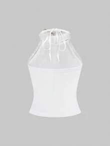 ROMWE Hippie Bộ 2 món áo crop top hở lưng phối ren ombre và chân váy mini ôm sát xẻ tà cổ điển cho nữ - trắng - Xem 8