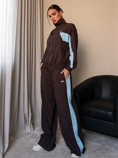 Bris Aura Drawstring Waist Nylon Contrast Panel Wide Leg Tracksuit Bottoms Only Spring Airport, Casual The Book Shop Christmas Fall Autumn Winter