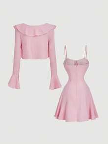 SHEIN MOD Ensemble 2 pièces pour femmes composé d'un Top à manches évasées volantées de couleur unie et d'une robe à bretelles spaghetti - Rose bonbon - Voir 3