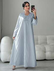 Al Najma Váy Ả Rập dài tay thanh lịch viền vỏ sò màu trơn dành cho nữ - Màu xanh lam - Xem 7