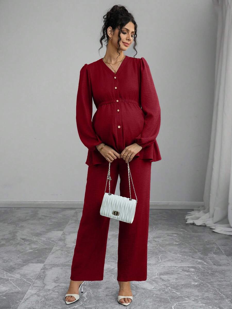 Momance Bộ đồ bầu 2 món: Áo khoác cardigan tay dài xếp ly cài nút phía trước, thiết kế xếp ly eo; Quần bầu dáng rộng - Màu Đỏ Sâu - Xem 1