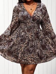 Truni Plus Size Women Leopard Print Mini Flare Sleeve & Elastic Waist Detail Dress, For Pear Triangle Body Shape - Brown - View 6