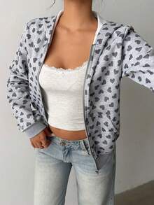 FavEase Sudadera con capucha de ajuste ceñido con estampado de corazón para mujer, otoño/invierno - Gris - Ver 6