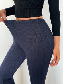 Flirla Women's Autumn/Winter Cable Knit Texture Navy Blue Flared Leggings - Navy Blue - View 6