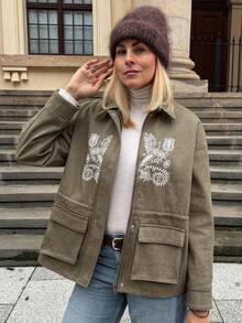 Vivie Lora Women's Loose Fit Military Green Embroidered Utility Jacket Women Coats - Army Green - View 1