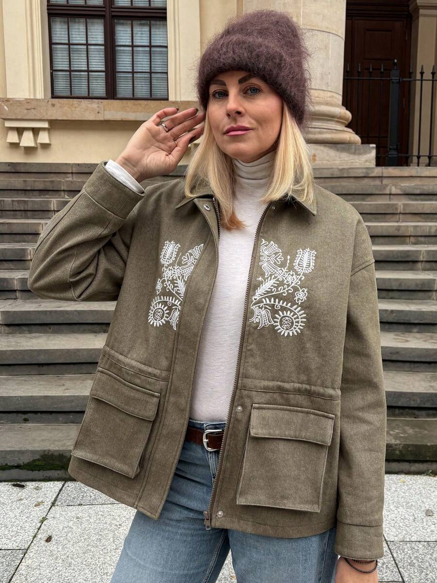 Vivie Lora Women's Loose Fit Military Green Embroidered Utility Jacket Women Coats - Army Green - View 1