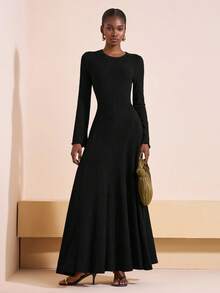 Zivah Women Elegant Black Long Sleeve Dress For Autumn,Brushed Striped Knitted Round Neck Large Swing Back Tie,Versatile Dinner Date Wedding Guest Outfits - Black - View 6