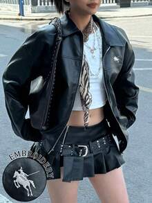 INAWLY 女士黑色时尚机车休闲宽松长袖皮夹克，秋冬外套 - 黑色 - 查看 1