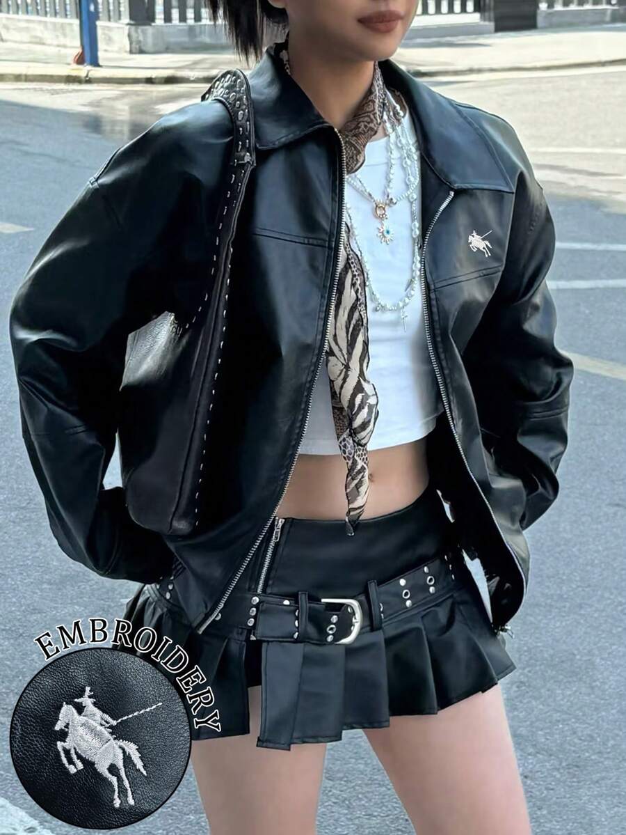 INAWLY 女士黑色时尚机车休闲宽松长袖皮夹克，秋冬外套 - 黑色 - 查看 1