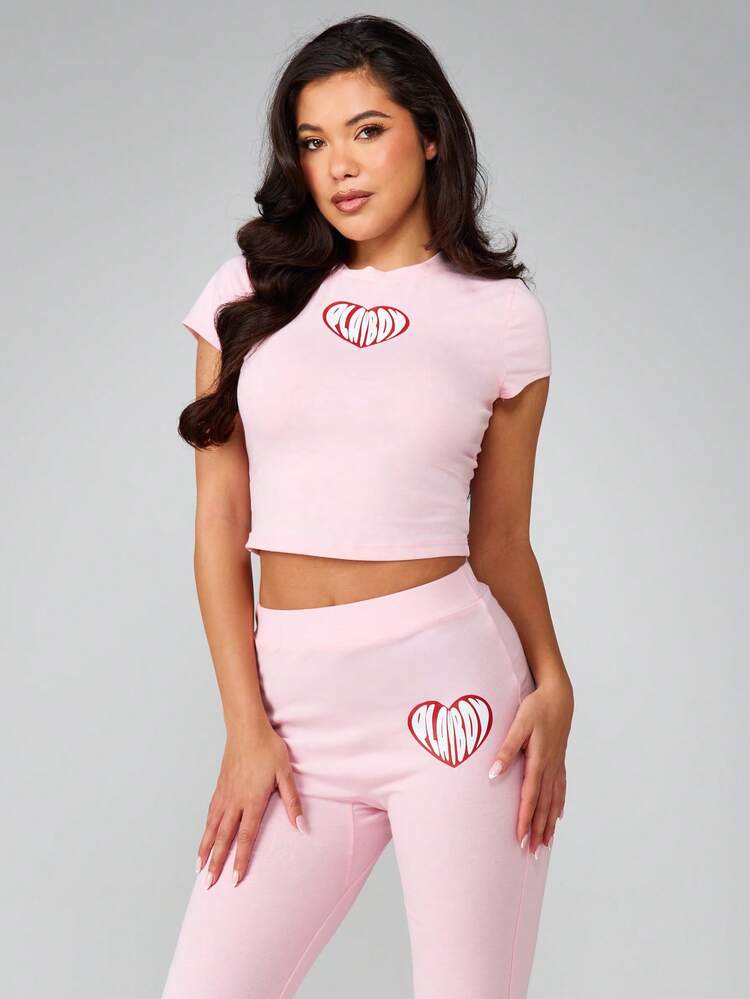 Missguided x Playboy Graphic Heart Print Pajama Set Crop Top With Matching Joggers Sleepwear Loungewear Co-Ord Two Piece Comfort Nightwear Set