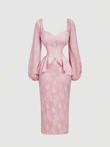 SHEIN MOD Vestido elegante de longitud media con cuello de corazón, mangas farol y volantes en el bajo, en tela jacquard con estampado floral para mujer - Rosa - Ver 2
