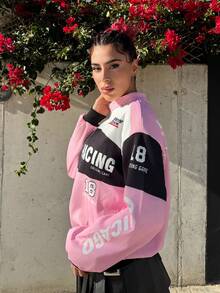 Bearsaez Letter Print Contrast Color Drop Shoulder Bomber Jacket For New Year Clothes Fall Winter Cloth For Women ,Petite Women - Pink - View 3