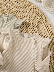 新生儿睡衣 - 三件套，连脚睡衣，荷叶边肩部设计，长袖，圆领，罗纹面料，柔和的黄色、鼠尾草绿、米色等中性色调，男女通用，四季皆宜，适合节日穿着，2026 年必备，舒适弹力，亲肤透气，日常睡衣，婴儿房礼物 - 彩色 - 查看 4