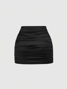 SHEIN MOD 2pcs Women's Casual Minimalist Ruched Bodycon Mini Skirt Set - Coffee Brown - View 6