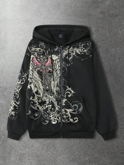 Goth Men's Cross And Wing Print Hooded Zip-Up Long Sleeve Sweatshirt
