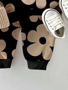 1 Set Baby Girls Casual Chic Sweet Floral Print Hoodie Sweatshirt And Sweatpants Set, Suitable For Outings, Sports And Leisure Wear, Autumn/Winter - Black - View 3