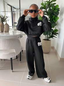 SHEIN 两件套少女秋冬套装，抓绒印花字母刺绣卫衣和裤子，适合室内外穿着。 - 深灰色 - 查看 3