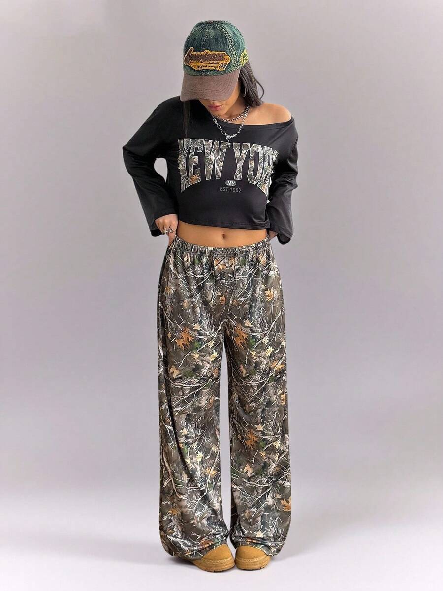 Teen Girl Letter Print Long Sleeve Cropped T-Shirt And Branch Print Pants Casual Outfit - Multicolor - View 1
