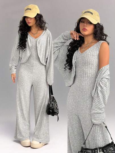 2 st/set tonårsflickas casual kofta + jumpsuit, mångsidig kofta och snygg jumpsuit, uppfriskande och trendig outfit för vardags- och utomhusbruk, ungdomlig och energisk look, höst/vinter