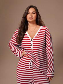 Lazeform Bộ đồ ngủ nữ cỡ lớn kẻ sọc jacquard, kiểu dáng thường ngày, tay dài cài nửa cúc và quần dài, thích hợp cho mùa đông. - Đỏ - Xem 3