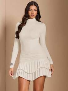 SHEIN BAE Elegant Off-White Long Sleeve Bodycon Ruched Mini Double-Layer Dress,Autumn Night Out For Graduation,Cocktail Parties, Dates & Formal Events - Apricot - View 6