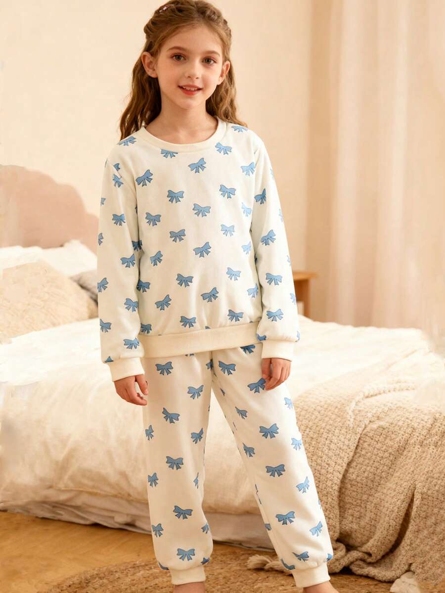 Girls' Fresh Blue Bow Print Long Sleeve Pajama Set - Apricot - View 1
