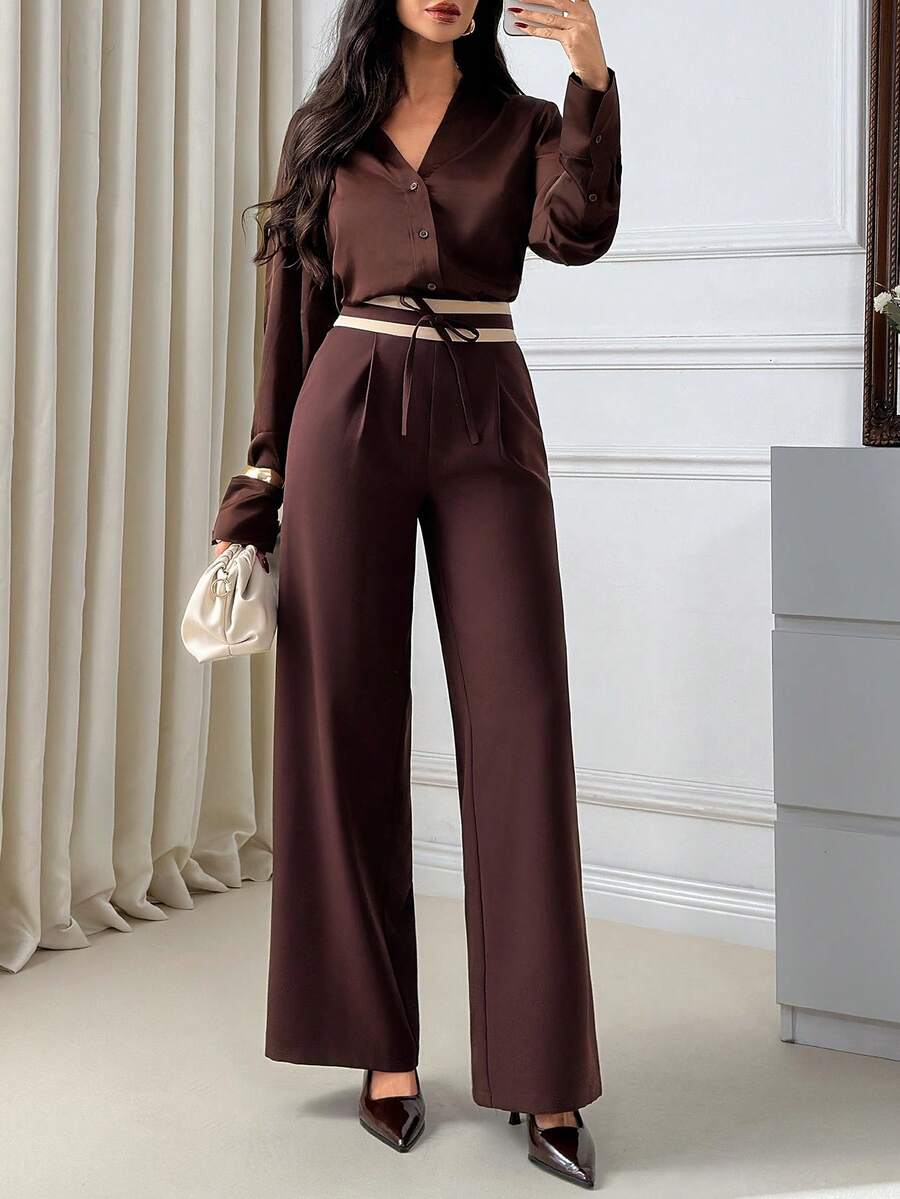 EURMUSE Women's Casual Everyday Office Commute Contrast Striped Waist Fold Pleated Loose Wide Leg Pants, Brown Wide-Leg Pants, High-Waist Brown Trousers, Tailored Wide-Leg Trousers, Women's Dress Pants Brown, Chocolate Brown Palazzo Pants, Office To Evening Trousers, Workwear Wide-Leg Pants, Elegant Brown Pants For Women, Belt-Detail High-Waist Trousers, Formal Wide-Leg Dress Pants, Long-Leg Trousers For Women, Professional Brown Pants, Buy Brown Trousers Online, Shop Tailored Wide-Leg Pants, - Multicolor - View 1