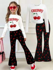 SHEIN Tween Girl Casual Comfy Round Neck Pullover Cropped Long Sleeve T-Shirt & Bell Bottom Pants Set, Cherry Fruit Print - Multicolor - View 1