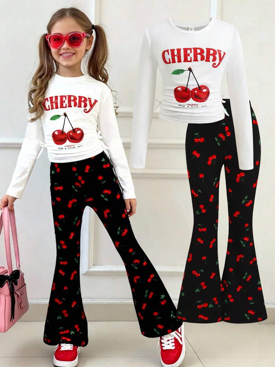 SHEIN Tween Girl Casual Comfy Round Neck Pullover Cropped Long Sleeve T-Shirt & Bell Bottom Pants Set, Cherry Fruit Print - Multicolor - View 1