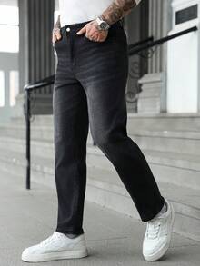 Manfinity Homme Men's Casual Everyday Commute Simple Versatile Solid Color Straight Leg Jeans - Black - View 3