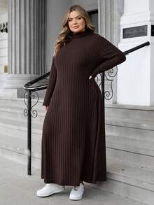 SHEIN CURVE+ Váy len dệt kim dáng chữ A dài tay cổ lọ gân cỡ lớn dành cho nữ, mùa thu/đông - màu nâu - Xem 8