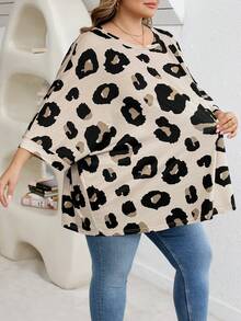 SHEIN CURVE+ 大码休闲豹纹印花宽松圆领长袖T恤，适合春/夏/秋/冬穿着 - 彩色 - 查看 4
