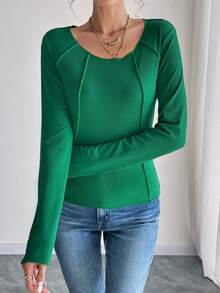 EMERY ROSE Camiseta de manga larga a rayas, de cuello redondo, ajustada, unicolor para mujer, apta para otoño/invierno - Verde - Ver 5