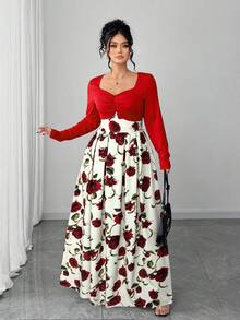 Elenzga 2025新款大码女装轻盈奢华扭结胸部印花压花复古碎花连衣裙，适合返校、毕业典礼、情人节、音乐节、母亲节、万圣节、感恩节、复活节、国庆节、舞会、约会派对、婚礼季、户外郊游等场合。玫瑰印花长款连衣裙，女士碎花连衣裙 - 酒紅色 - 查看 4