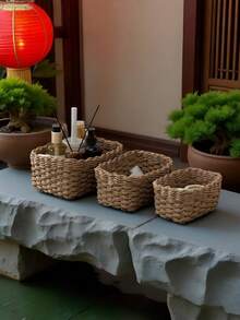 Bộ 3 giỏ đan đựng đồ màu be, dùng để bàn, đựng mỹ phẩm, đồ dùng lặt vặt, đồ trang trí phòng tắm, phòng khách, nhà cửa theo phong cách Boho Farmhouse. - Lạc đà - Xem 3