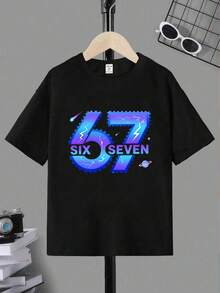 四季皆宜的青少年男童休闲时尚创意个性清新高端简约彩色数码印花67闪电图案字母标语印花宽松百搭短袖T恤，舒适温暖的夏秋款式，适合青少年男童日常休闲穿搭。 - 黑色 - 查看 4
