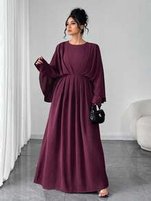 SHEIN Elenzya 情人节加大码女士优雅简约休闲长裙，适合办公室、通勤、海滩、音乐节、下午茶、赛马会、帆船运动等场合，纯色圆领，腰部荷叶边褶皱蝙蝠袖A字长裙，春夏秋季皆宜。 - 紫紅色 - 查看 7