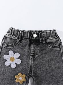 SHEIN Quần ống loe thêu họa tiết bông tuyết thời trang cho bé gái sơ sinh - Xám - Xem 6