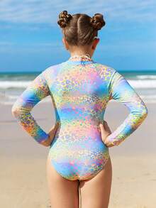 SHEIN 少女连体泳衣，渐变豹纹印花，拉链设计，长袖，易于穿脱，休闲泳装 - 彩色 - 查看 3