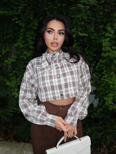 Durrani Popal MUSERA Funnel Neck Cropped Checked Jacket Fall Cute Streetwear Festival Farmhouse, Country, Plaid, Vintage, Fall Autumn Cropped Checked High Neck Jacket Fall Autumn Winter Cute Christmas