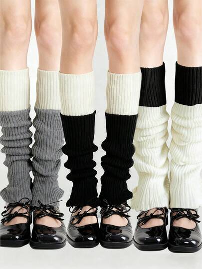 Kawaii 3 Paar zufällige Farben gestrickte Beinwärmer, Punk minimalistischer Stil in Pink, Rot, Burgunderrot einfarbig, hochwertige Beinwärmer, JK Schulstil Beinwärmer, vielseitig einsetzbare gestrickte Beinwärmer für den Alltag